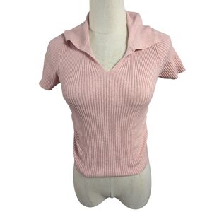 TWEE Pink Ribbed Collared Ruched Sweater Top